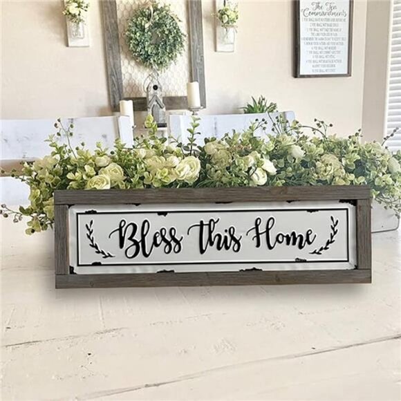Bless This Home Wall Signs, 36x11 inch Rustic Enamel Wood Framed Metal Wall Hang